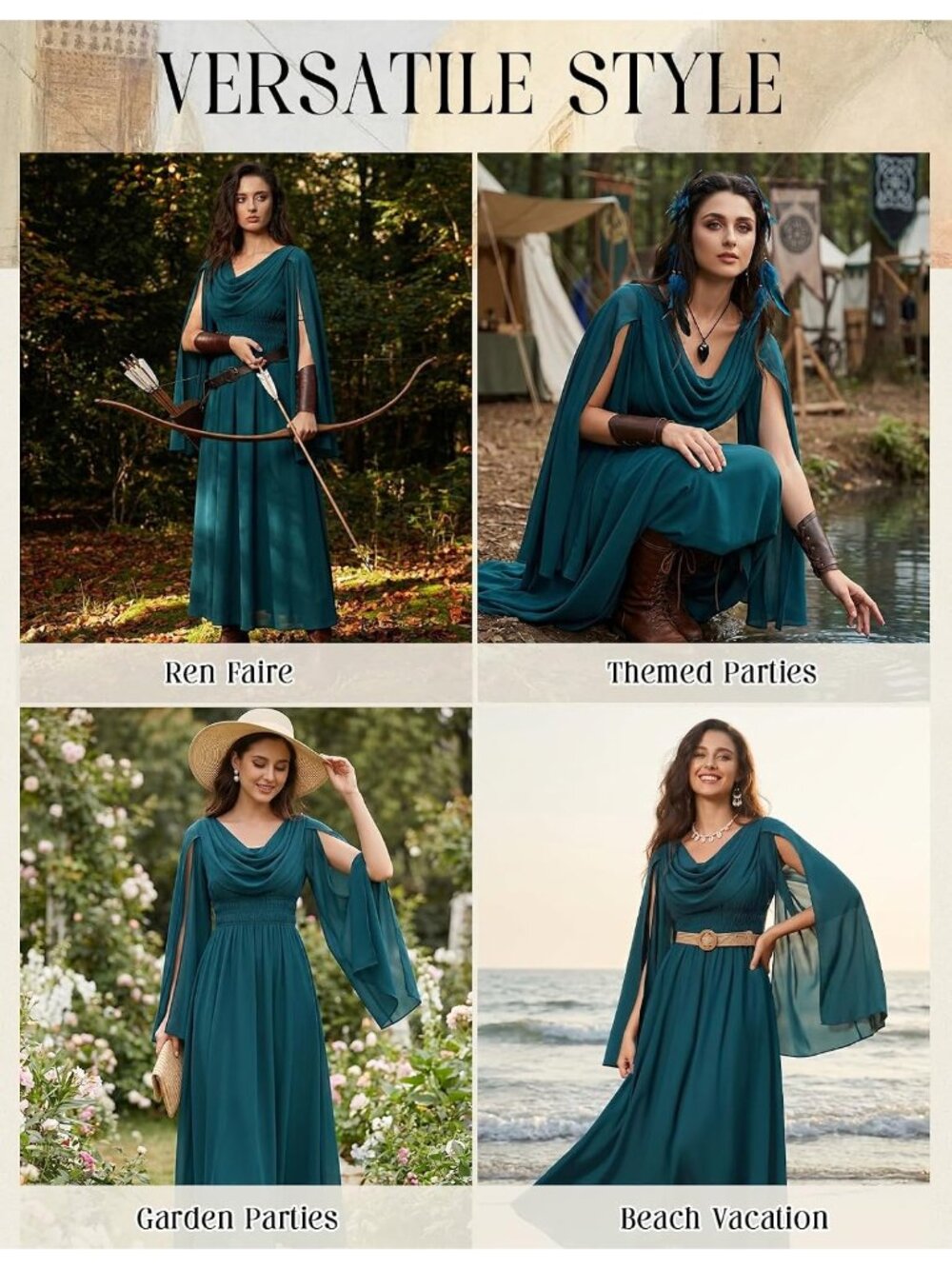 Women's Blue Green Renaissance Bell Sleeve Cowl Neck Imported Costume Dress - Picture 4 of 6